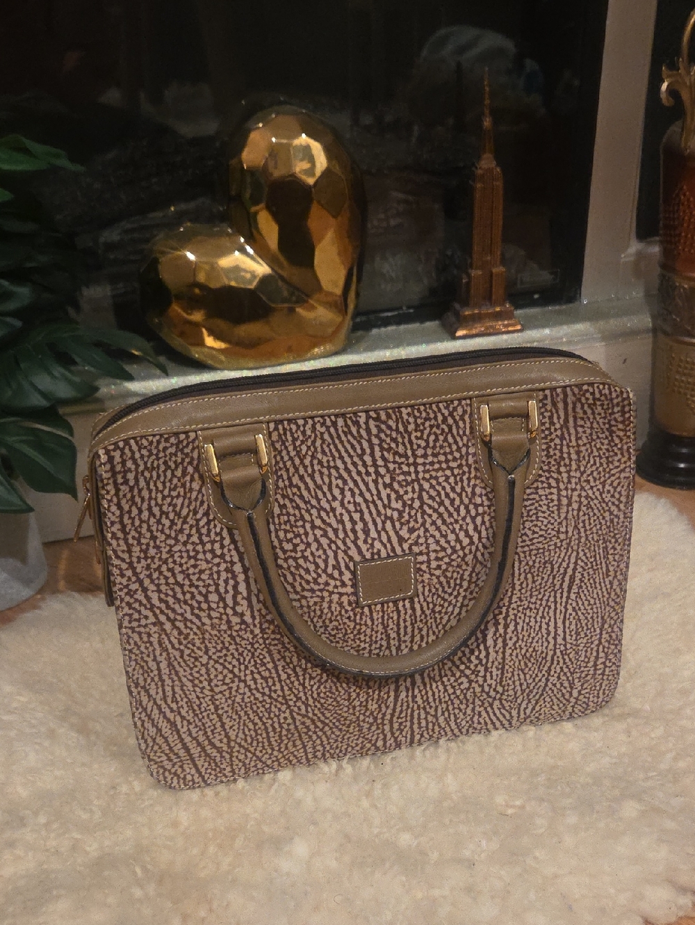 RARE Silvano Biagini Italy Velvet Textured Leather Satchel Antelope Print New